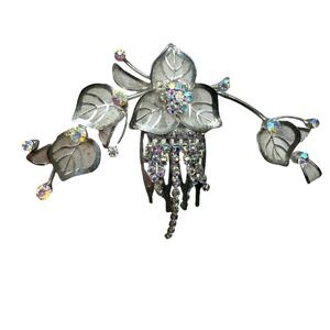 Silver Tone Mesh Flower Leaf Rhinestone Hair Comb Bridal Fashion Accessory